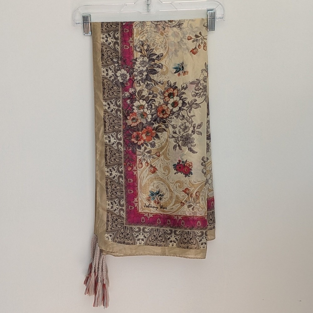 Johnny Was Silk Floral Paisley Scarf Beige Pink Tassel Fringe Boho 42x42 Square